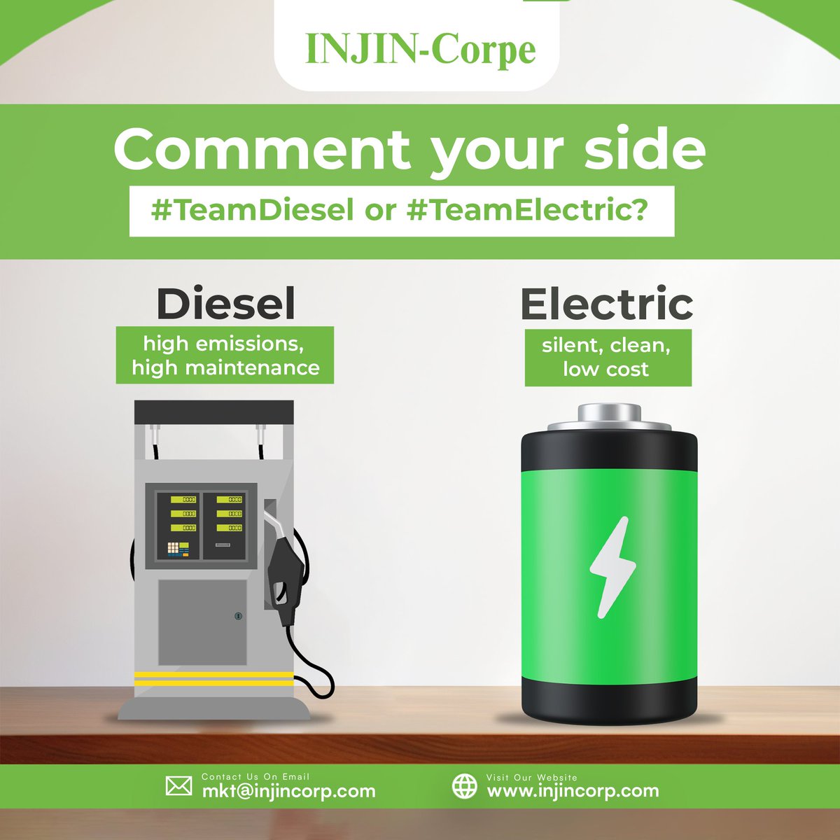 INJINCorpe's tweet image. Would you rather power your project with:
💨Diesel – noisy, polluting, fuel-hungry
⚡Electric –clean, quiet, efficient
Comment your side: #TeamDiesel or #TeamElectric?
#ElectricVsDiesel #InjinCorpe #PollPost #SmartChoice #CleanConstruction #EcoDebate #GreenMachines #MakeTheSwitch