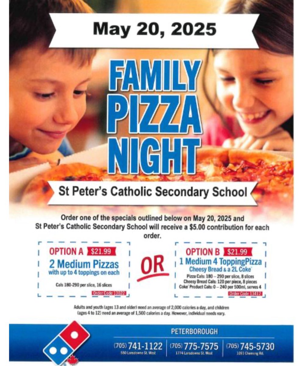 St. Peter CSS and Domino's have teamed up to raise funds to support students.
On Tuesday May 20th plan a family pizza night and give Domino's a call!
$5.00 from your order will go to support our students through Catholic Parent School Council <a href="/PVNCCDSB/">PVNCCDSB</a> #BeingCommunity