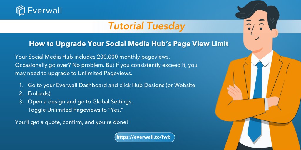 everwall's tweet image. Don’t let a view cap hold you back.
Here’s how to turn on Unlimited Pageviews in #Everwall.
#TuesdayTutorial #EventMarketing #SocialMedia