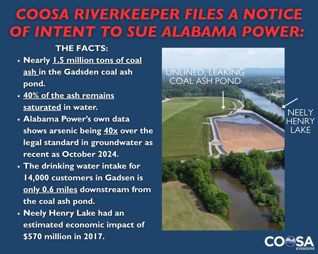 WaterkeepersA's tweet photo. On behalf of @CoosaRiverkeepr, @selc_org put @alabamapower on notice that #Coosa intends to sue the utility to stop ongoing groundwater pollution from Alabama Power’s failed closure of its leaking toxic coal ash lagoon at the former Gadsden Steam Plant: https://t.co/gBWRsL5qeE https://t.co/7zqul0glHg