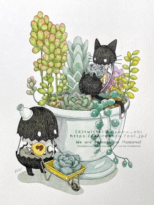 クロンと多肉植物ポット#タマゴノマモノ#イラスト #透明水彩 