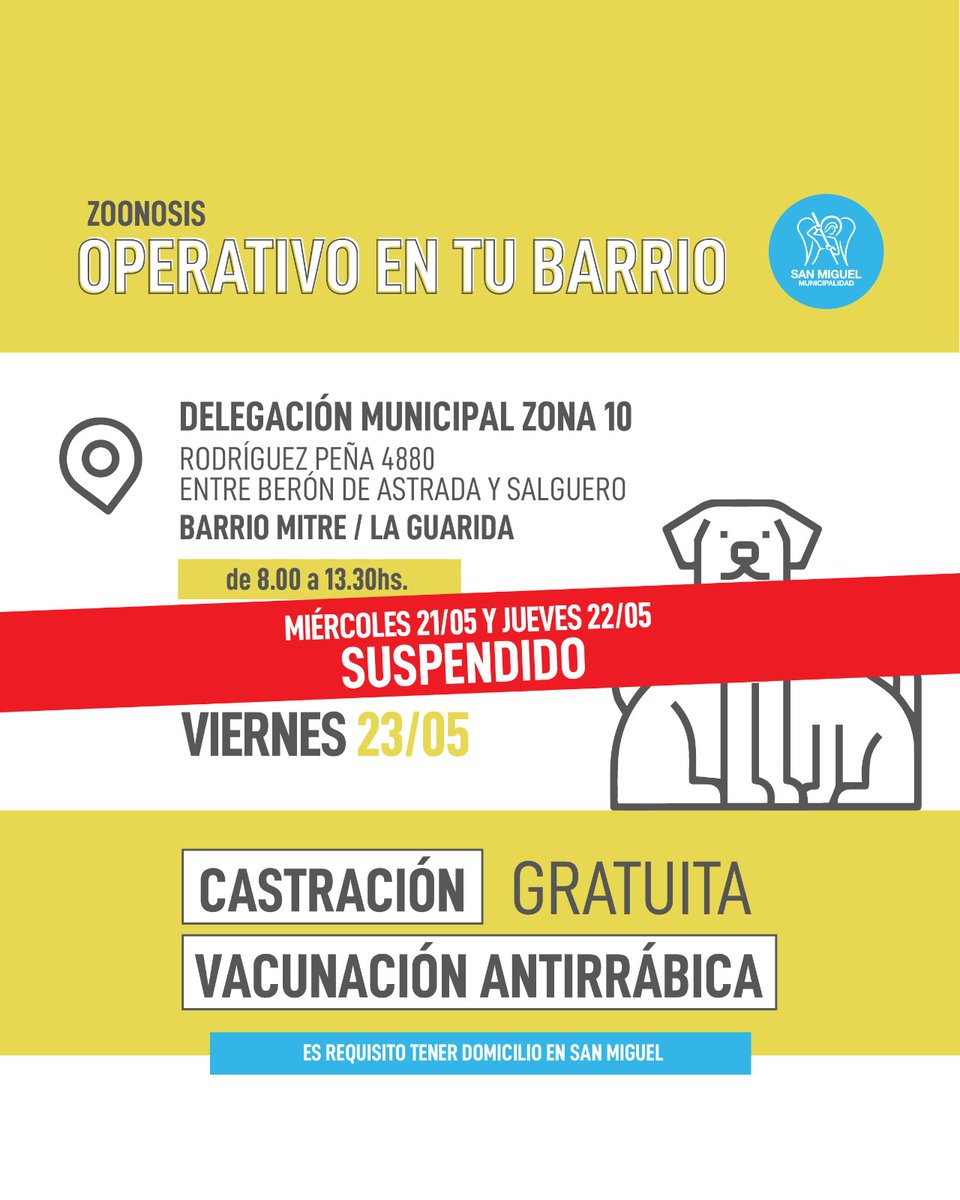 El operativo de Zoonosis de esta semana fue suspendido en los días miércoles 21/05 y jueves 22/05