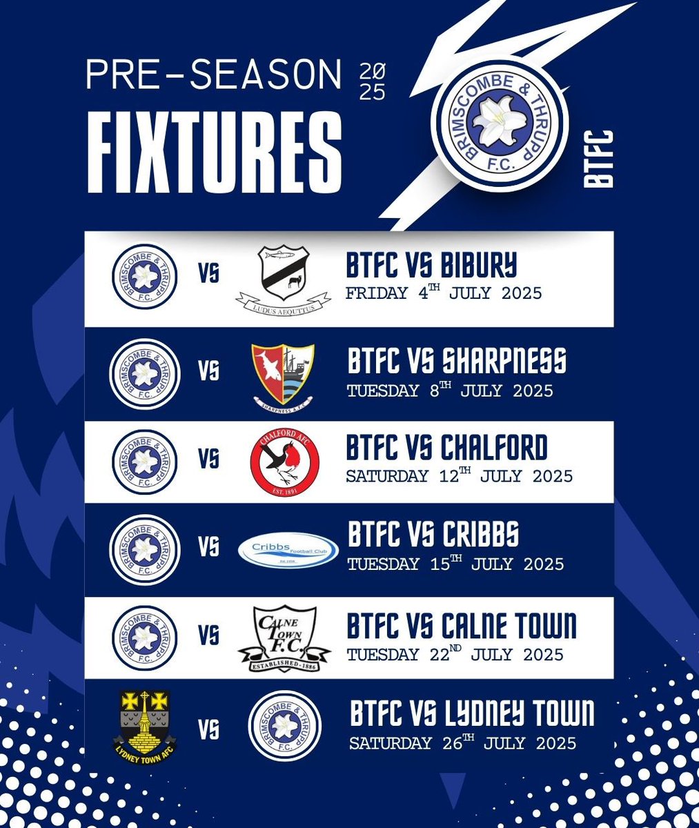 Brimscombe & Thrupp FC (@btfcthemeadow) on Twitter photo PRE SEASON FIXTURES
Dates for the diary ! Great to see such a busy and exciting schedule down at the meadow this year. We look forward to seeing as many of you as possible as the boys gear up for the upcoming season ๐ตโช๏ธ
See you guys soon <a href="/BiburyAFC/">Bibury Football Club</a> <a href="/sharpnessafc/">Sharpness AFC</a> <a href="/Chalford_AFC/">ChalfordAFC (C) ๐</a> PRE SEASON FIXTURES
Dates for the diary ! Great to see such a busy and exciting schedule down at the meadow this year. We look forward to seeing as many of you as possible as the boys gear up for the upcoming season ๐ตโช๏ธ
See you guys soon <a href="/BiburyAFC/">Bibury Football Club</a> <a href="/sharpnessafc/">Sharpness AFC</a> <a href="/Chalford_AFC/">ChalfordAFC (C) ๐</a>