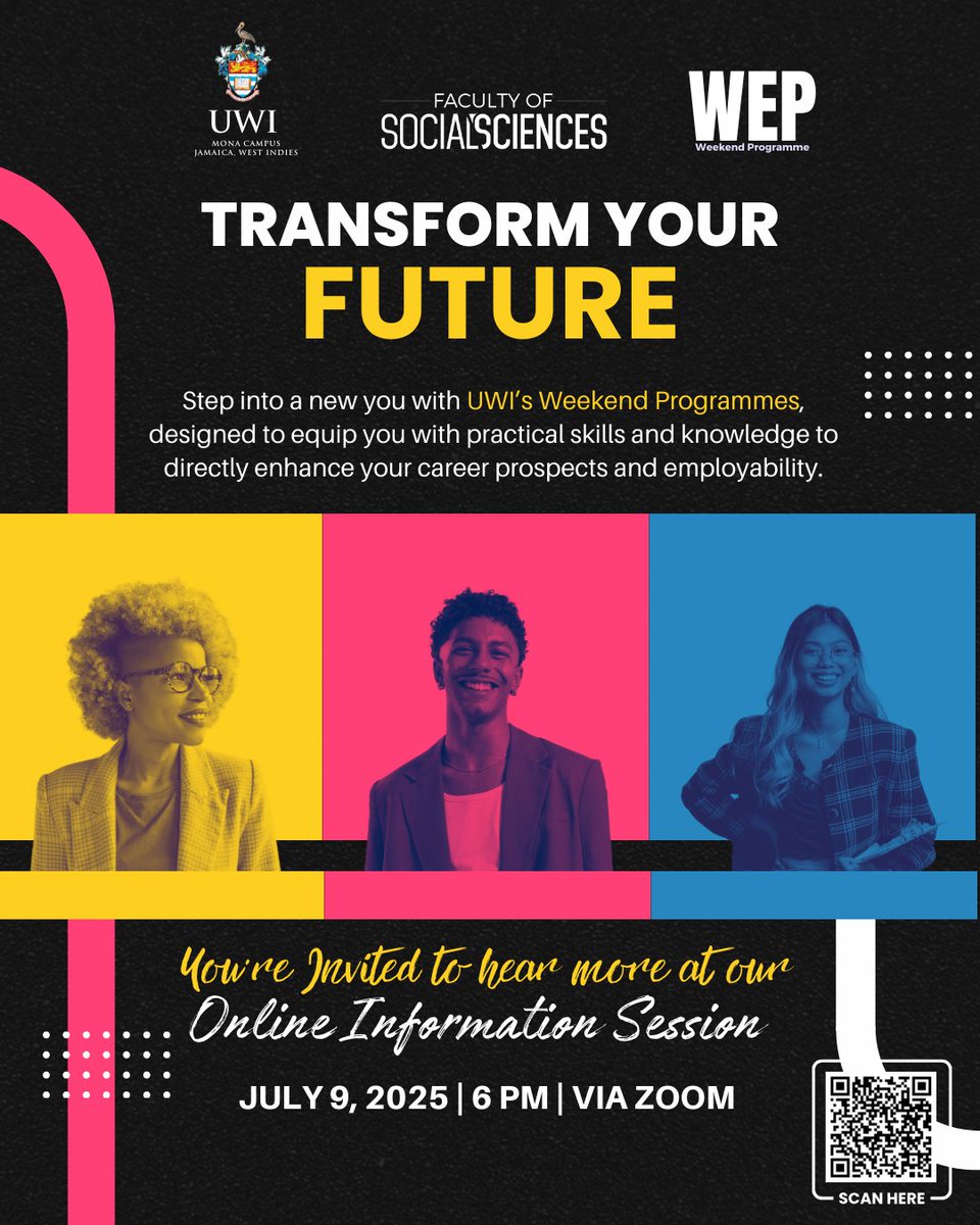 Ready to transform your future? 🚀
Join UWI’s Weekend Programmes Info Session—July 9, 6PM on Zoom!
Boost your skills &amp; career.
Register now: 
[scan QR code or click: cutt.ly/wep-info-2025] 
#UWI #CareerGrowth #WeekendProgrammes
