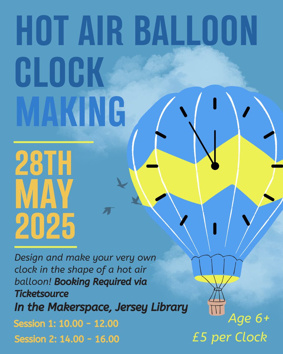 Get creative in our Makerspace! On Wednesday 28th May, decorate and build your own clock. Booking is required via Ticketsource at ticketsource.co.uk/jersey-library