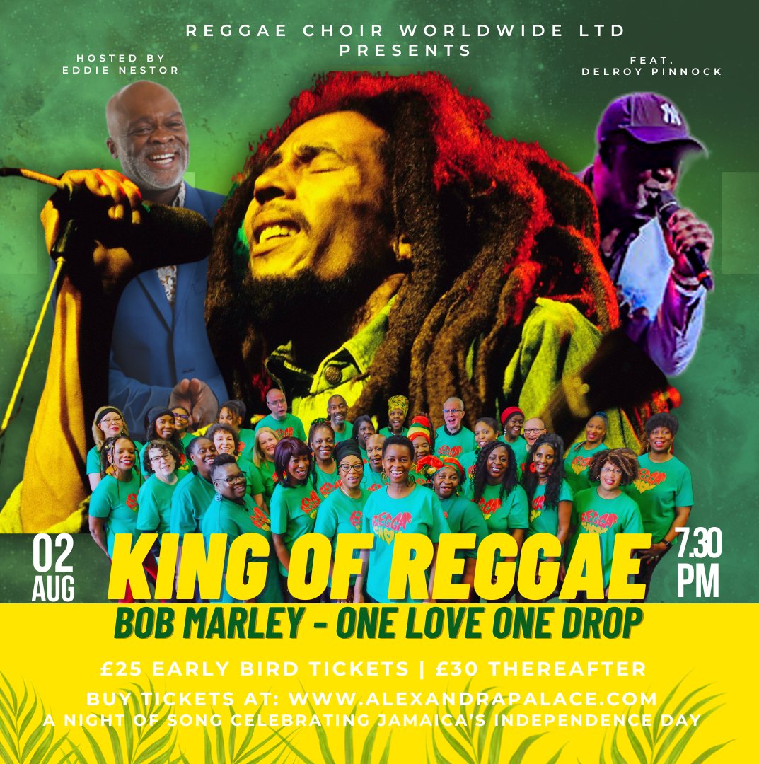 This Jamaican Independence Day 🇯🇲, join us for a powerful one-night-only tribute to Bob Marley from Reggae Choir in our Theatre.
 
Take a journey through the roots of reggae and honour the pioneers who shaped the sound 💛💚🖤
 
🎫 Get your tickets alexandrapalace.com/whats-on/king-…
