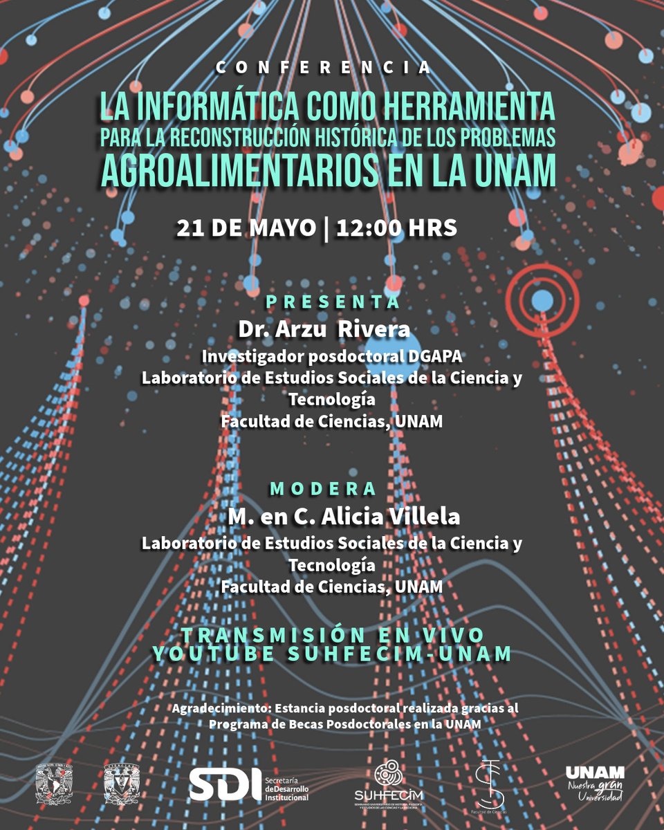 A T E N C I Ó N :  
🗓️21 de mayo | 12:00 pm
🥰Conferencia virtual "La informática como herramienta para la reconstrucción histórica de los problemas agroalimentarios en la UNAM"
✨Transmisión en vivo por: youtube.com/@SUHFECIMUNAM

#SDI #suhfecim #historiadelaciencia