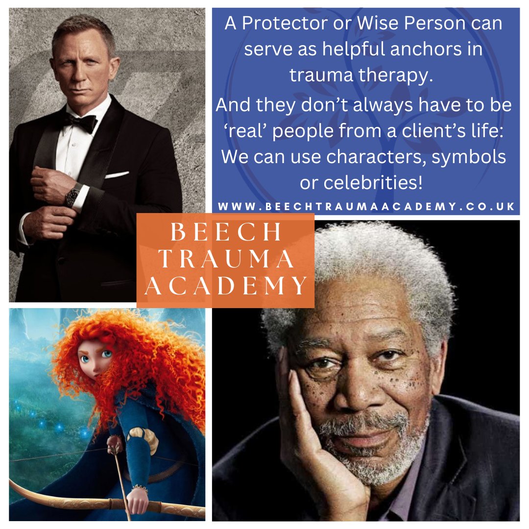 BeechTrauma's tweet photo. What do James Bond, Merida and Morgan Freeman have in common? They can all serve as an anchor in the form of a Protector or Wise Person in trauma therapy. 
Anchors or 'safe people' don't always have to be ‘real’ people from a client’s life: We can use characters, or symbols! https://t.co/sei6BnPq6t