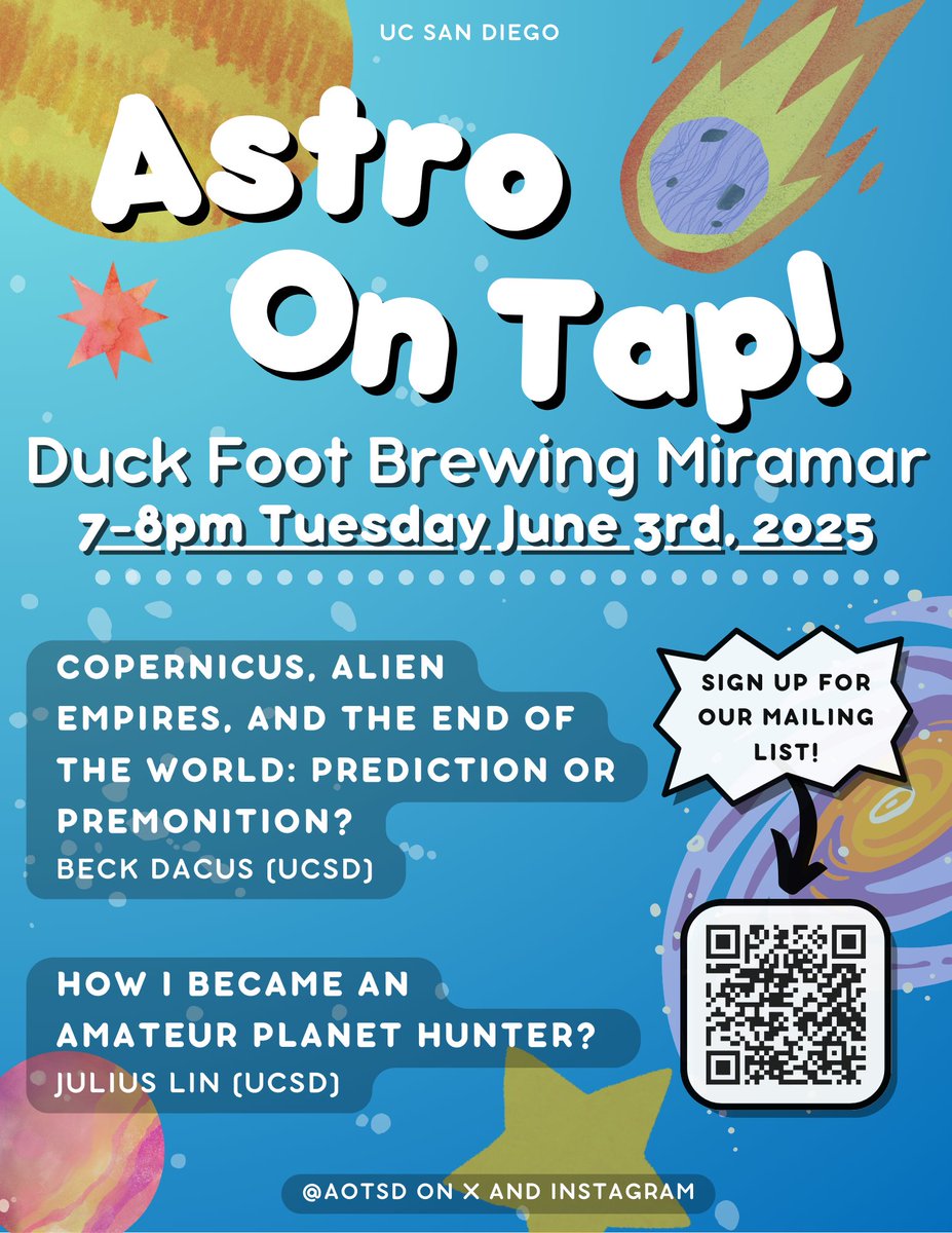 Astronomy on Tap San Diego is back Tuesday, June 3 at <a href="/DuckfootBrewing/">Duckfoot Brewing</a> with talks by local astronomers! Join us for "Copernicus, Alien Empires, and the End of the World" with Beck Dacus of UCSD, and learn how Julius Lin (UCSD) became an amateur planet hunter!