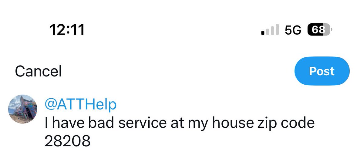 abarr101's tweet photo. @ATTHelp 
I have bad service at my house zip code 28208

Only 1 bar , drop calls, slow data
Please fix.
Have done restart, new eSIM all have the same result 

Photo for reference https://t.co/NB6R19jJ86