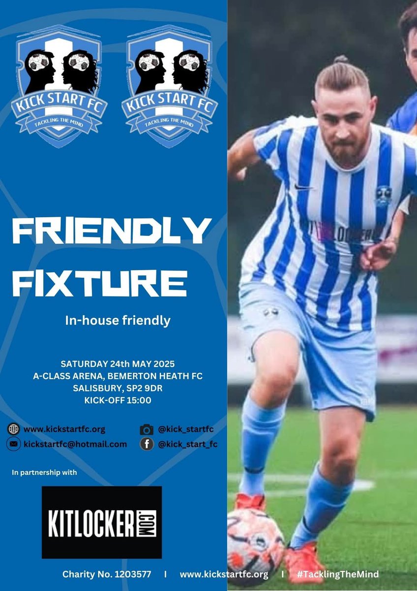 'IN-HOUSE FRIENDLY' ⚽️

We're pleased to announce an impromptu in-house friendly this Saturday, with Bemerton Heath Harlequins FC kindly allowing us use of their facilities.

Please come and support all involved.

In partnership with Kitlocker.com 

#TacklingTheMind