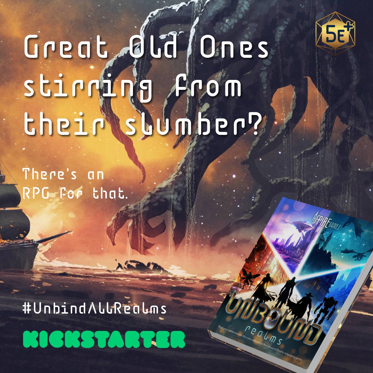 aspiregames_llc's tweet photo. Great Old Ones stirring from their slumber?
There's an RPG for that.
The #UnboundRealms campaign is live! https://t.co/yDDSUfdz8D
#UnbindAllRealms #dnd #dungeonmaster #gamemaster #horror #EldritchHorror #Lovecraft #Cthulhu #KinginYellow #cosmichorror #Yig #DunwichHorror https://t.co/OC9gNOwM8n