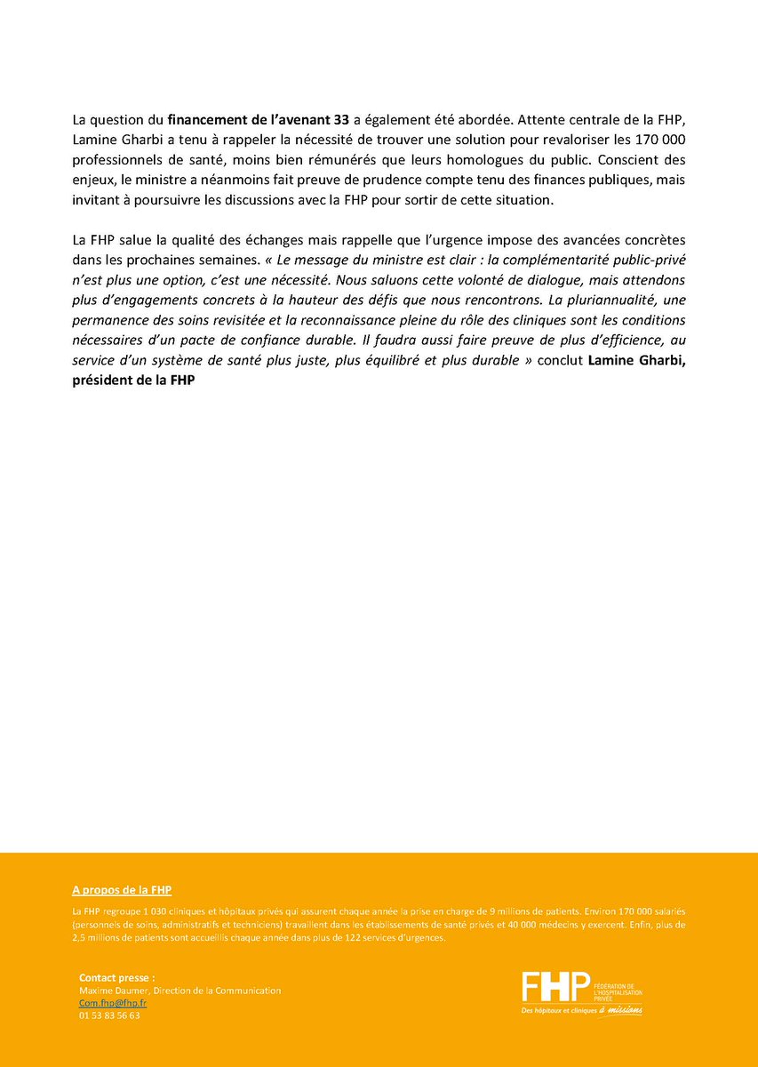 [Communiqué de presse] À l’occasion de <a href="/parisSANTEXPO/">SantExpo</a>, la FHP accueille de nombreux acteurs du monde de la santé sur son plateau TV FHP Direct. Parmi les temps forts de la première journée, l’échange entre <a href="/LamineGharbi34/">Lamine Gharbi</a>, président de la FHP, et <a href="/yannickneuder/">Dr. Yannick Neuder</a>, ministre de la