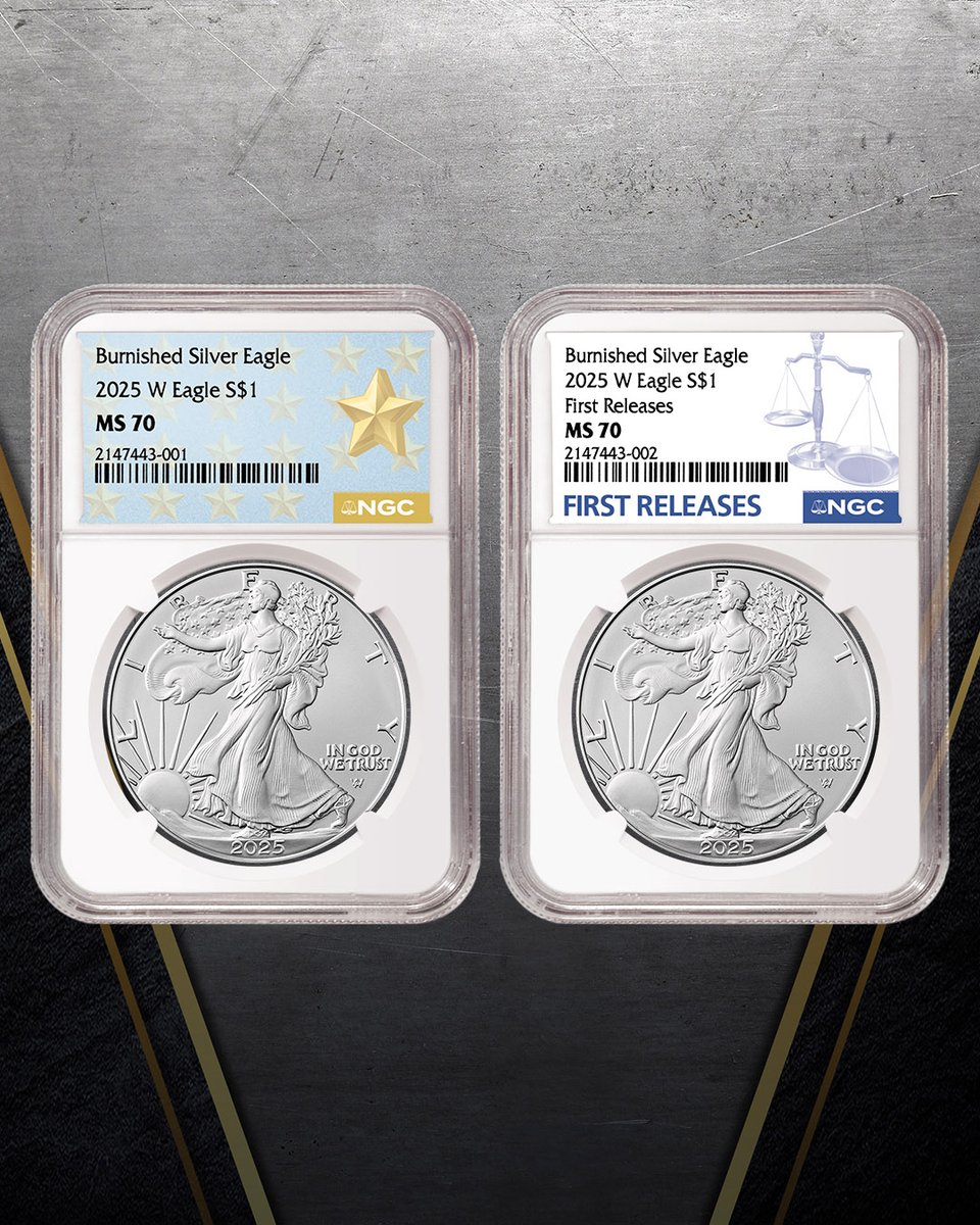 NGCcoin's tweet image. The US Mint has just released the 2025-W Burnished Silver Eagle, and NGC has some impressive labels and designations that can be paired with these distinguished coins. Learn more: NGCcoin.com/news/article/1… #silvereagles #americaneagles #silvercoins #moderncoins #coincollecting