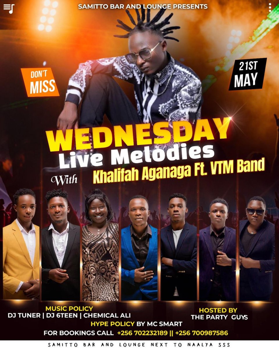 Good evening,
Tomorrow We are having the talented hon @Kalifah AgaNaga Live  at samitto bar and lounge located next to Naalya sss. You're invited as we watch our final match.