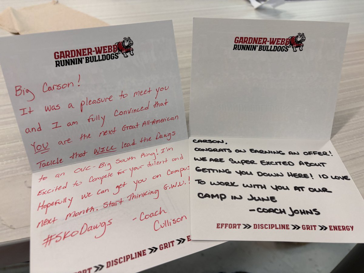 Carson Bugg (@carsonbugg77) on Twitter photo Always appreciate the notes from <a href="/GWUFootball/">Gardner-Webb Football</a> Thank you <a href="/CoachTylerJohns/">Tyler Johns</a> and <a href="/CoachCully_GW/">Dean Cullison</a>
#YouChoose
<a href="/WoodfordFBall/">Woodford County Football</a> <a href="/GeBOW17/">George Bowen</a> <a href="/coachRoleyDBN/">Coach Roley</a> Always appreciate the notes from <a href="/GWUFootball/">Gardner-Webb Football</a> Thank you <a href="/CoachTylerJohns/">Tyler Johns</a> and <a href="/CoachCully_GW/">Dean Cullison</a>
#YouChoose
<a href="/WoodfordFBall/">Woodford County Football</a> <a href="/GeBOW17/">George Bowen</a> <a href="/coachRoleyDBN/">Coach Roley</a>