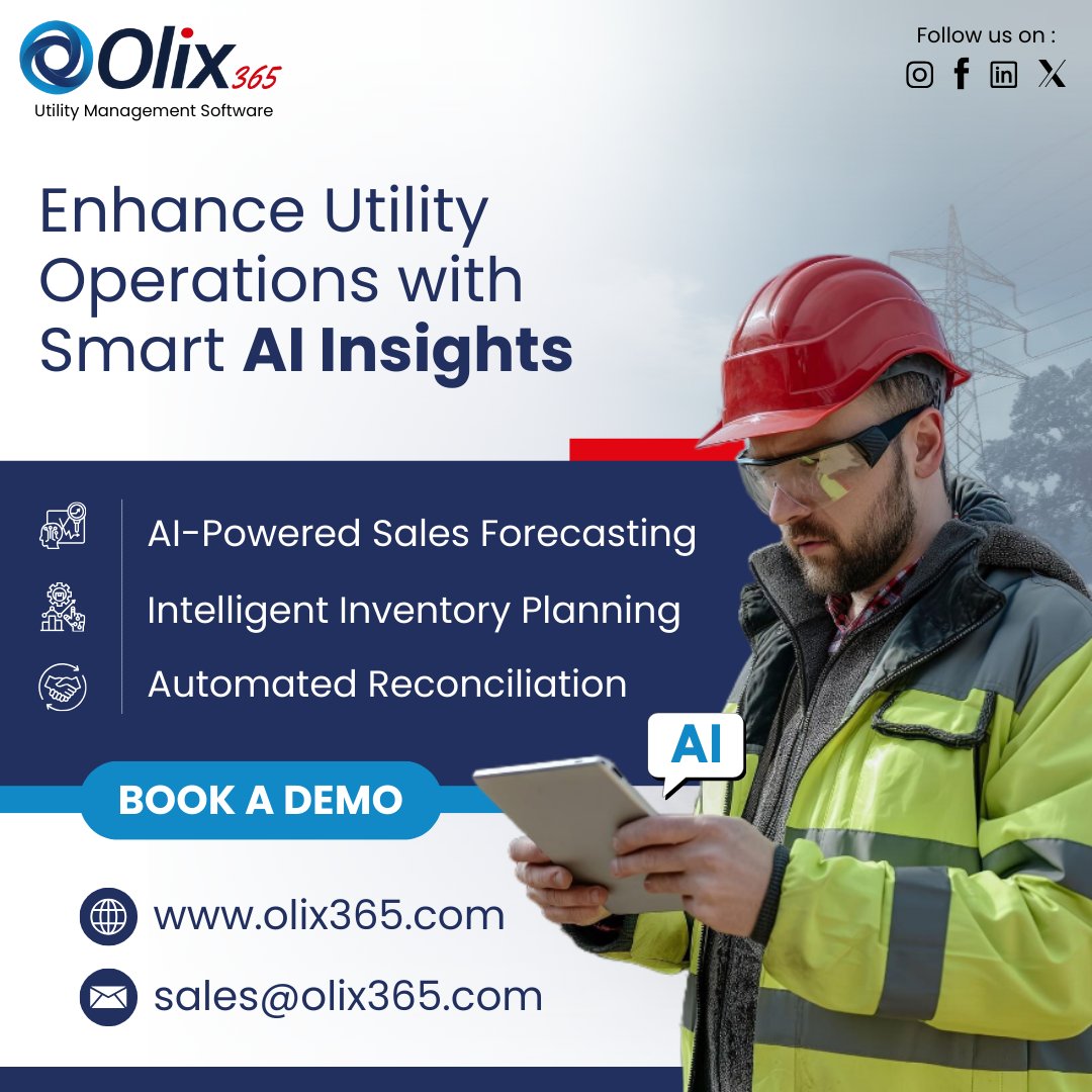 Olix365software's tweet photo. 𝐒𝐦𝐚𝐫𝐭𝐞𝐫 𝐝𝐞𝐜𝐢𝐬𝐢𝐨𝐧𝐬 𝐬𝐭𝐚𝐫𝐭 𝐰𝐢𝐭𝐡 𝐎𝐥𝐢𝐱𝟑𝟔𝟓!

Enhance your utility operations with Olix365 — your smart partner for AI-powered sales forecasting, intelligent inventory planning, and automated reconciliation.

#Olix365 #Utility #AI #SmartOperations https://t.co/UEMGMND2tu