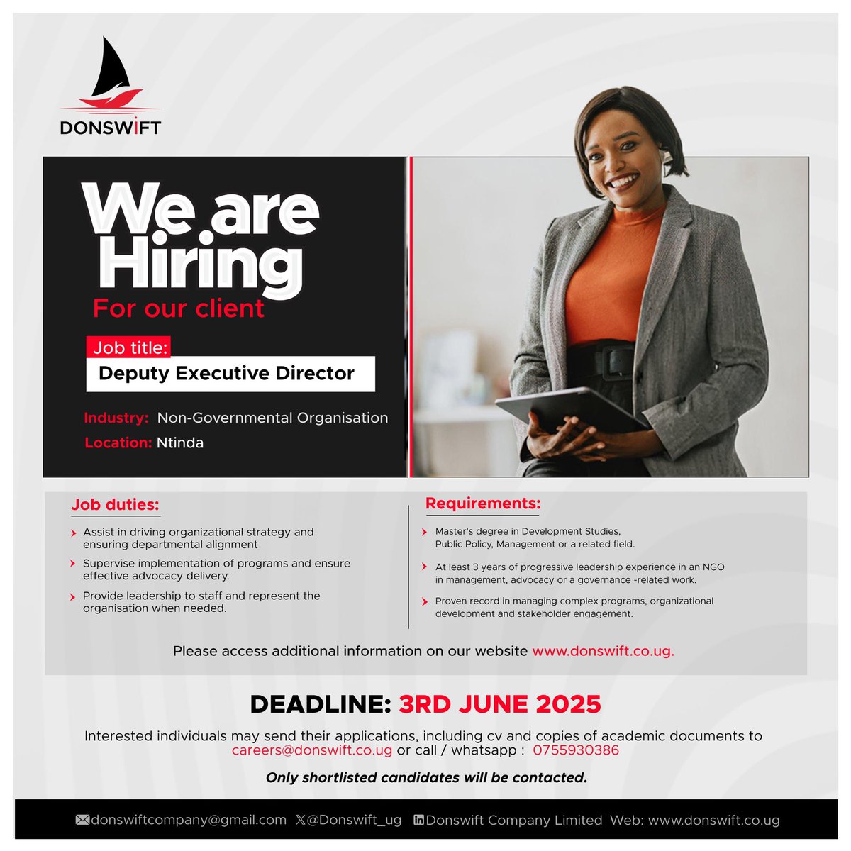 Donswift Company Ltd (@donswift_ug) on Twitter photo 🚨 JOB ALERT,
If you have leadership experience and a passion for advocacy this is your moment
Apply Now : careers@donswift.co.ug
Deadline : 3rd June 2025
For more Info:donswift.co.ug/jobs/we-are-hi…
#NGOCareers #LeadershipOpportunity 🚨 JOB ALERT,
If you have leadership experience and a passion for advocacy this is your moment
Apply Now : careers@donswift.co.ug
Deadline : 3rd June 2025
For more Info:donswift.co.ug/jobs/we-are-hi…
#NGOCareers #LeadershipOpportunity