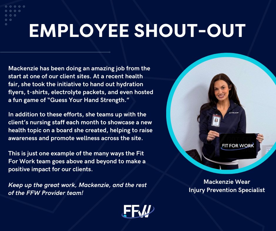 We love spotlighting our incredible team members who go the extra mile to support our clients! Check out how Injury Prevention Specialist, Mackenzie, is making a difference at one of our client sites.

#EmployeeShoutOut #InjuryPrevention #FFWDifference #EmployeeWellness