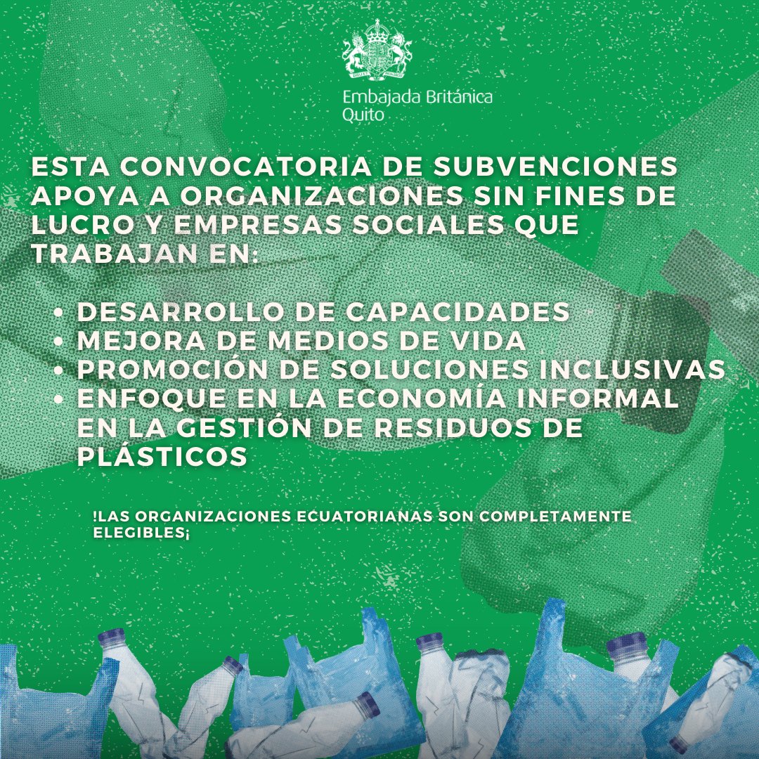 UKinEcuador's tweet image. 🌍 ¡Nueva oportunidad de financiamiento!
El @wef lanza subvenciones para proyectos del sector informal del reciclaje, como parte del Programa de Acción Plástico Inclusivo 2025 ♻️.
 ⏳ ¡Postula ya!
Detalles aquí: bit.ly/gesiuk25

#GPAP #Subvenciones #Plásticos