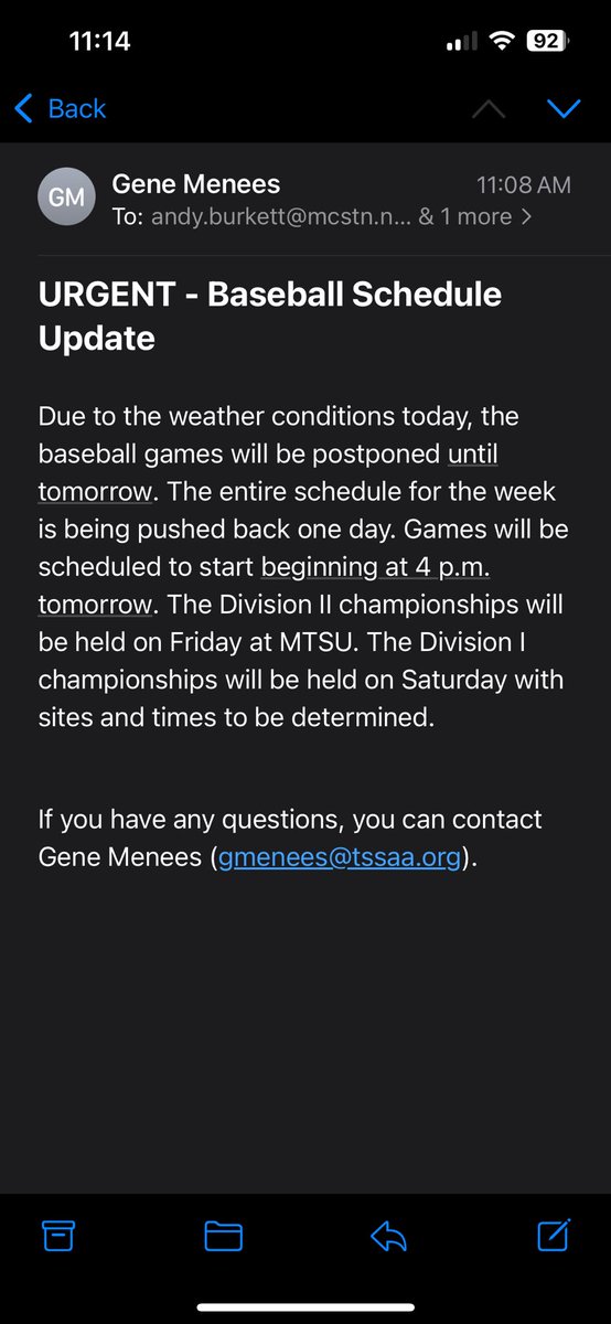 Today’s game versus Liberty Creek is cancelled and moved to tomorrow at the same time. Schedule is just being pushed back one day.