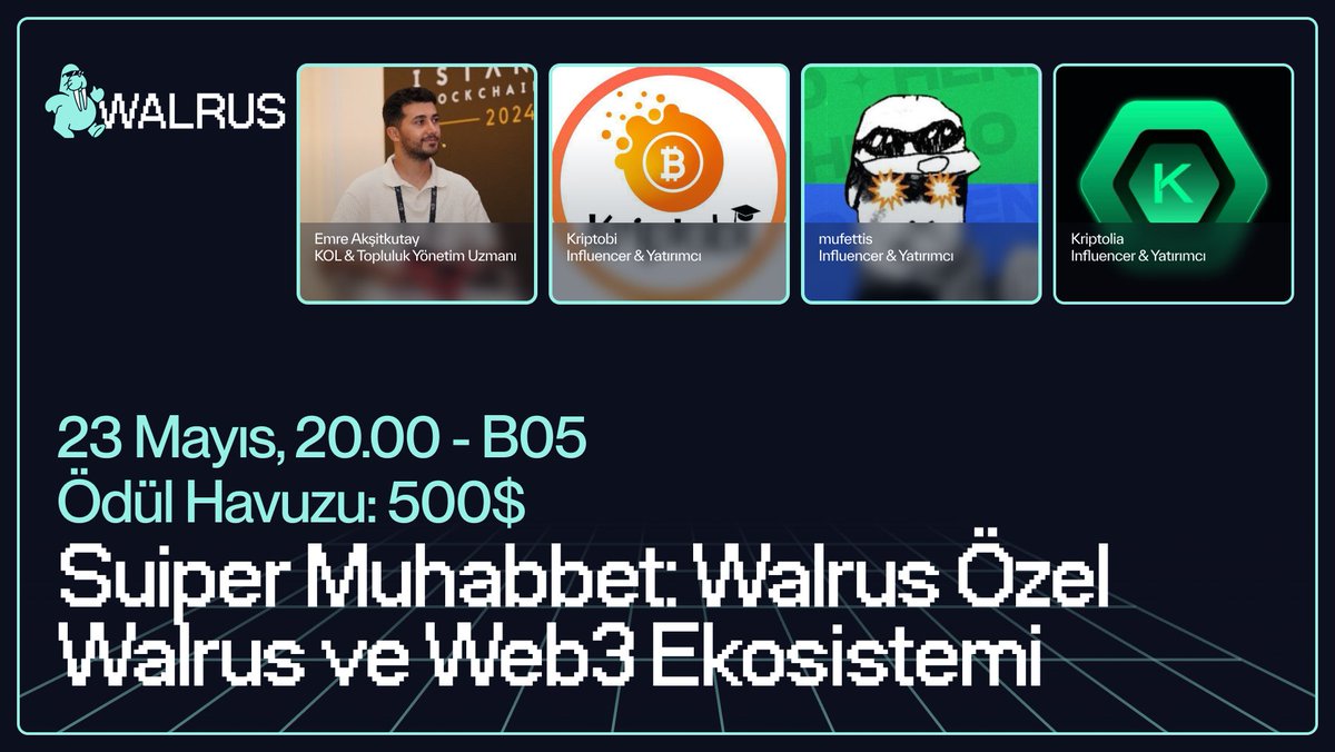 Walrus Türkiye 🇹🇷 (@walrus_turkiye) on Twitter photo Walrus ve Web3 ekosistemi üzerine konuşalım!
10 kişi için toplam 500$ değerinde ödül havuzumuz var:
➡️ Beğeni, RT yap ve yorumlarda soru sor!
Suiper Muhabbet: Walrus Özel'in beşinci bölümünde; <a href="/EmreAksitkutay/">Emre Akşitkutay</a>, <a href="/kriptobi/">Kriptobi</a>, <a href="/nftmufettisi/">mufettis 🎒🐻⛓🟧 🐋</a> ve <a href="/KriptoliaTR/">Kriptolia</a> ile bir araya geleceğiz. Walrus ve Web3 ekosistemi üzerine konuşalım!
10 kişi için toplam 500$ değerinde ödül havuzumuz var:
➡️ Beğeni, RT yap ve yorumlarda soru sor!
Suiper Muhabbet: Walrus Özel'in beşinci bölümünde; <a href="/EmreAksitkutay/">Emre Akşitkutay</a>, <a href="/kriptobi/">Kriptobi</a>, <a href="/nftmufettisi/">mufettis 🎒🐻⛓🟧 🐋</a> ve <a href="/KriptoliaTR/">Kriptolia</a> ile bir araya geleceğiz.