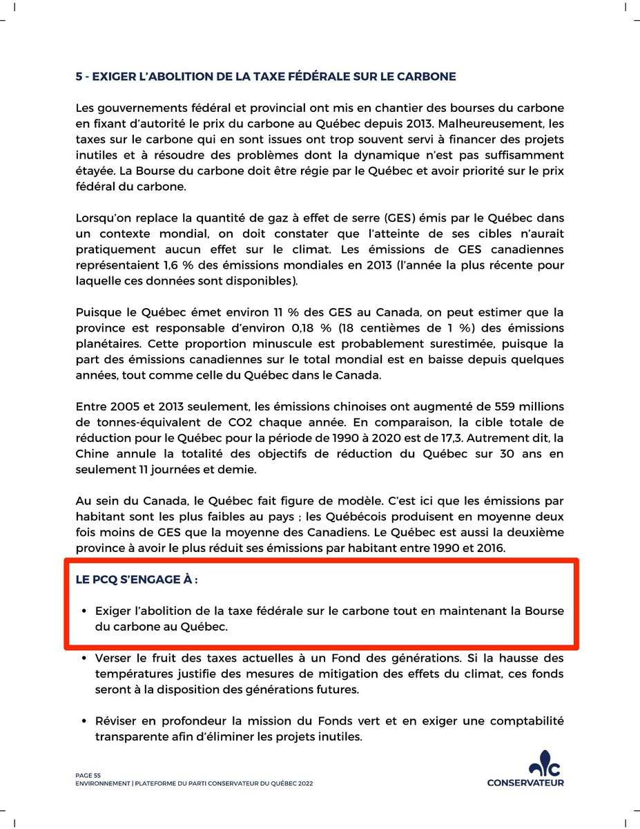 Le <a href="/PconservateurQc/">Parti conservateur du Québec</a> de <a href="/E_Duhaime/">Eric Duhaime</a> s'engage à maintenir la Bourse du carbone au Québec.

C'est écrit à la page 55 de son programme. #PolQc