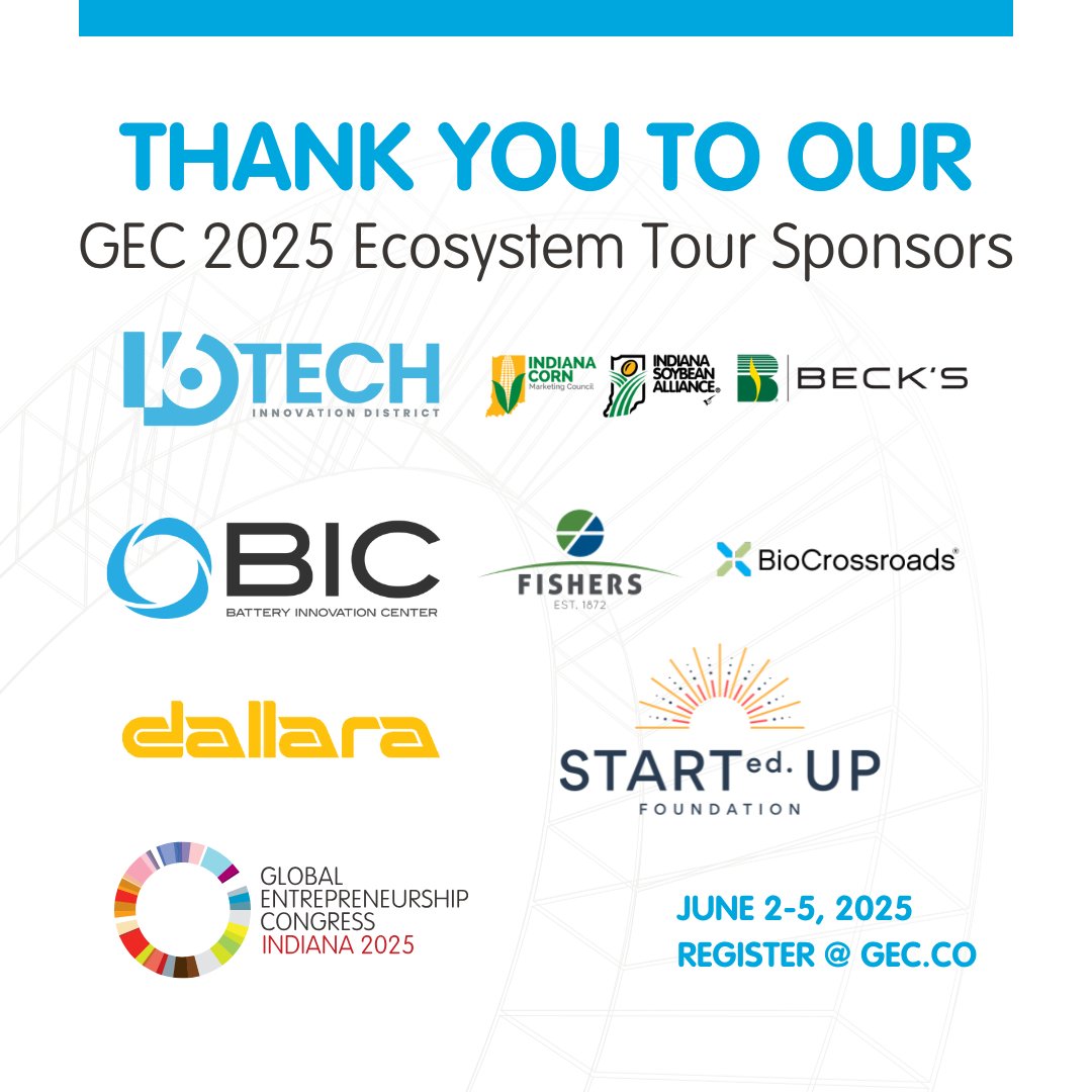unleashingideas's tweet photo. GEN and the Indiana Economic Development Corporation appreciate our Ecosystem Tour Sponsors for #GEC2025! These sponsors are making it possible for GEC attendees to learn about Indiana’s powerhouse ecosystem through 6 unique tours across the state🚌 
Sign up for GEC and register for a tour before it’s too late at https://t.co/yJFcEZWZ1l!