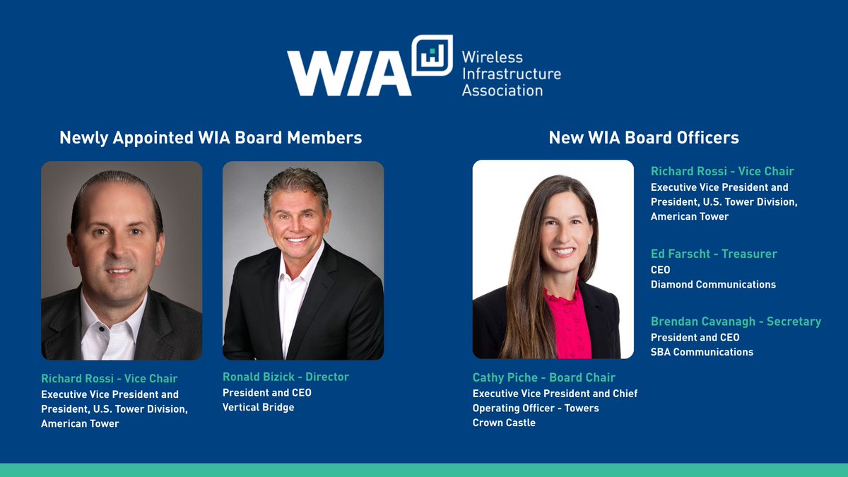 WIA (@wiaorg) on Twitter photo We are pleased to welcome <a href="/AmericanTowerUS/">American Tower US</a> EVP and President, US Tower Division Richard Rossi and Vertical Bridge President and CEO Ron Bizick to the WIA Board of Directors.
We also congratulate the newly elected WIA Board Officers including <a href="/CrownCastle/">Crown Castle</a> EVP and COO - Towers We are pleased to welcome <a href="/AmericanTowerUS/">American Tower US</a> EVP and President, US Tower Division Richard Rossi and Vertical Bridge President and CEO Ron Bizick to the WIA Board of Directors.
We also congratulate the newly elected WIA Board Officers including <a href="/CrownCastle/">Crown Castle</a> EVP and COO - Towers