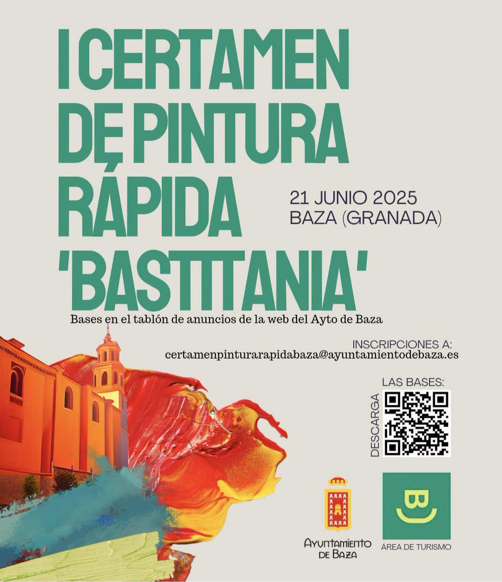 La concejalía de Turismo convoca el I Concurso de Pintura Rápida “Bastitania”, que se celebrará el sábado 21 de junio. Las bases se pueden encontrar en el Tablón de Anuncios de la web municipal. Más información en ayuntamientodebaza.es/2025/05/20/241…