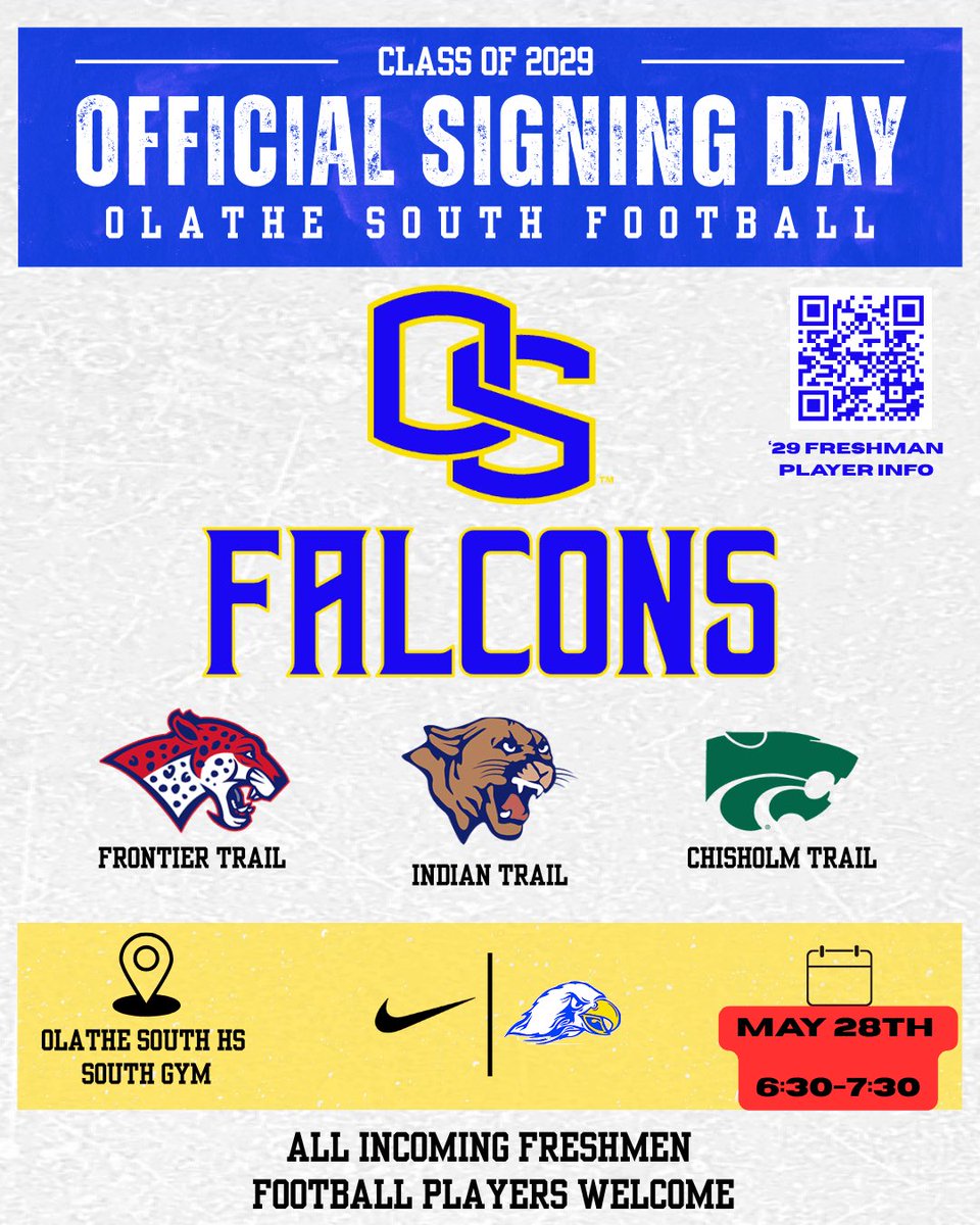 Middle School 🏈 Signing Day May 28th, 6:30p-7:30p. <a href="/FTMSJaguars/">Frontier Trail</a> <a href="/CSTWildcatsMS/">ChisholmTrailMS</a> <a href="/ITMSCougars/">Indian Trail Cougars</a> <a href="/OSfalconsFB/">Olathe South Football</a>