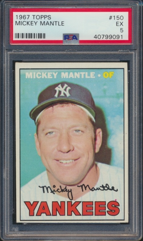 By 1967, Mickey Mantle had already accumulated the resume needed to punch a ticket to Cooperstown. Injuries were catching up with him, batting .245 with 22 home runs. Nonetheless, the Topps portrait is a classic. This PSA 5 example is in the set break repack, available on Friday
