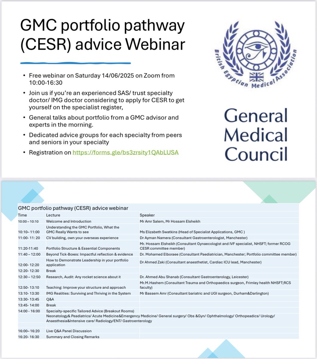 FREE CESR Webinar
Sat 14 June 2025 | 10:00–16:30 | Zoom
GMC advisor + specialty experts
Tailored breakout rooms for SAS/IMG doctors across specialties

Register: forms.gle/bs3zrsity1QAbL…
#CESR #IMGdoctors #SASdoctors #NHS #SpecialistRegister