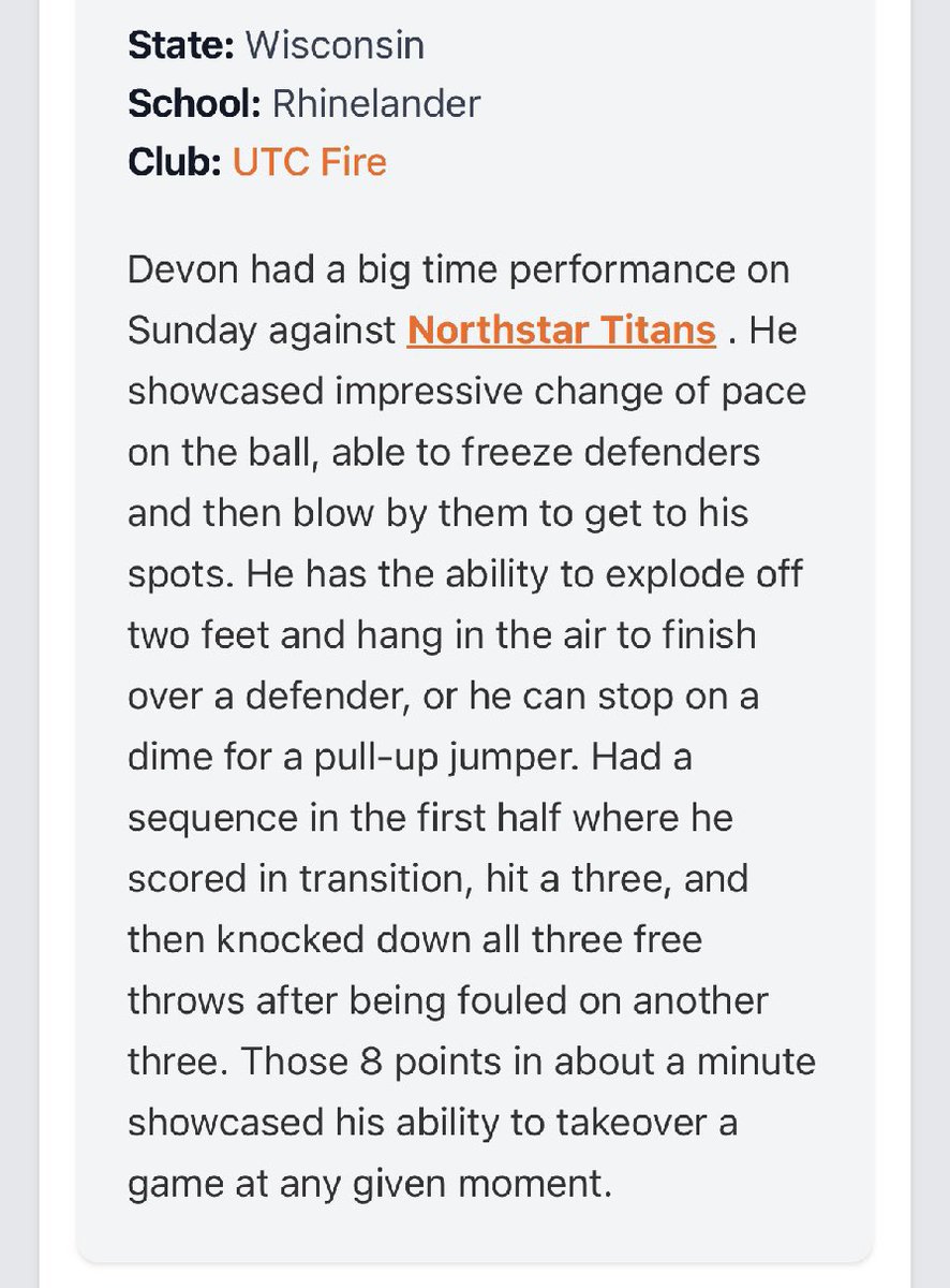 unkownuser2018's tweet photo. @CoachRyan_0 @RCMensHoops @Coach_Kee @PrepHoopsVA @Uorangemen2 @KevinMoses38 Devon Feck (2026 | 6’2 CG | Rhinelander HS) @Devon200711 is a name college coaches need to circle 3.0GPA
Poised. Explosive. Efficient
A Prep Circuit Top Performer who poured in 8 points in 1 minute
3-level scorer who can take over games in a flash. #ClassOf2026 #SleeperAlert https://t.co/QdyBaOWQS3