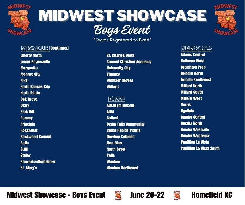 Midwest Showcase (@mw_showcase) on Twitter photo Here is a list of teams *registered to date* for the 2025 Boys Midwest Showcase Event! 🏀 Great basketball to come at Homefield KC on June 20-22nd!
<a href="/homefieldkc/">Homefield Kansas City</a> @mbca_coaches Here is a list of teams *registered to date* for the 2025 Boys Midwest Showcase Event! 🏀 Great basketball to come at Homefield KC on June 20-22nd!
<a href="/homefieldkc/">Homefield Kansas City</a> @mbca_coaches