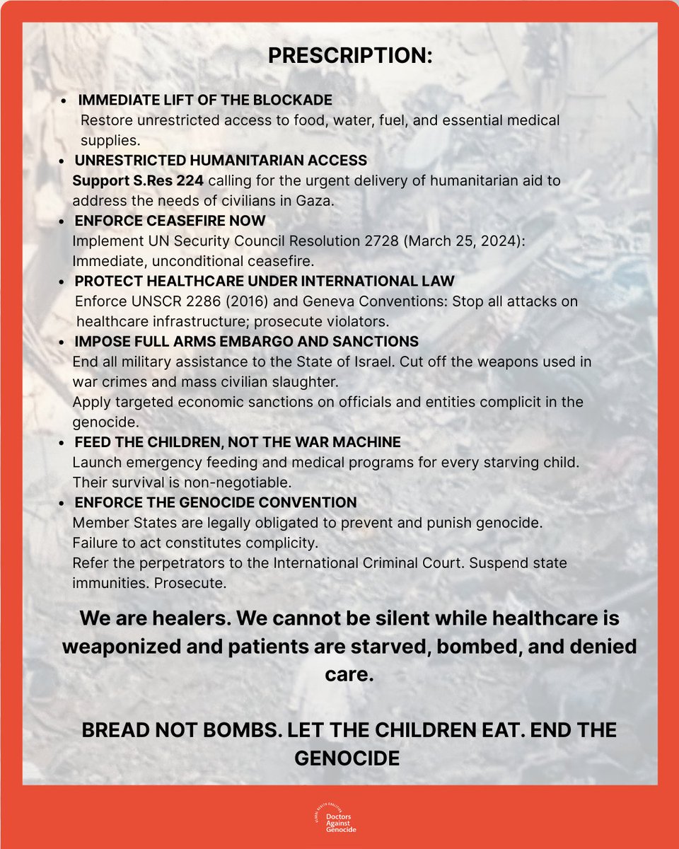 Doctors Against Genocide Prescription to End Genocide and End Starvation in Gaza. Tomorrow: Hart Sentate Building at noon. We will deliver our recommendations.