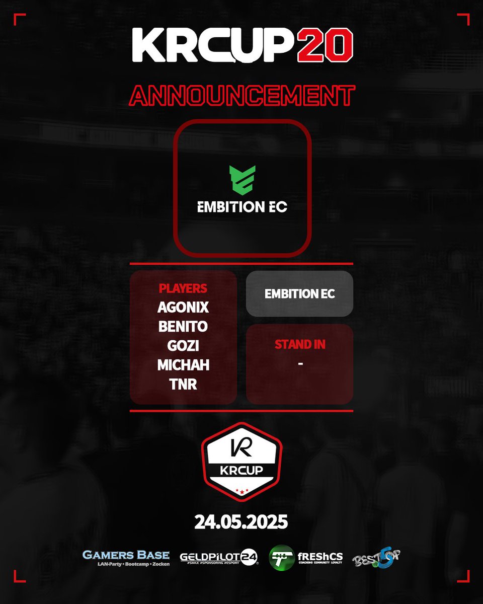 [ KRCup #20 ]

Mit <a href="/embitionec/">Embition EC</a> haben wir eine Organisation, die erstmalig beim #KRCup dabei ist.

Wir freuen uns sehr, neue Namen und Gesichter dabei zu haben. Viel Spaß euch.