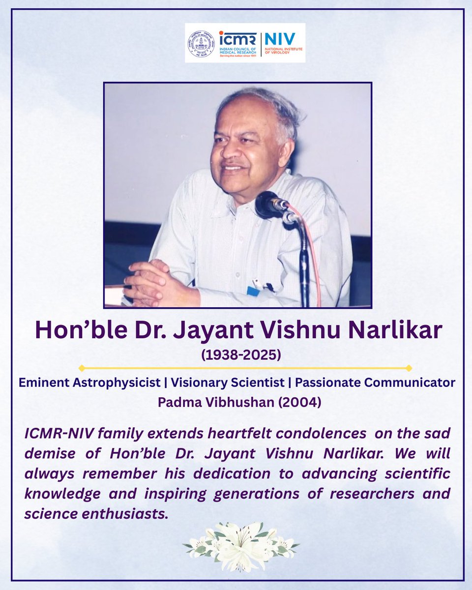 ICMR-NIV (@icmr_niv) on Twitter photo @ICMR_NIV deeply mourns the passing of Hon’ble Dr. Jayant Vishnu Narlikar - renowned #astrophysicist and #visionary #scientist. His #stellar #contributions to #cosmology and #public #science #engagement will continue to #inspire the #research #community. <a href="/ICMRDELHI/">ICMR</a> <a href="/IUCAAstro/">Inter-University Centre for Astronomy&Astrophysics</a> @ICMR_NIV deeply mourns the passing of Hon’ble Dr. Jayant Vishnu Narlikar - renowned #astrophysicist and #visionary #scientist. His #stellar #contributions to #cosmology and #public #science #engagement will continue to #inspire the #research #community. <a href="/ICMRDELHI/">ICMR</a> <a href="/IUCAAstro/">Inter-University Centre for Astronomy&Astrophysics</a>