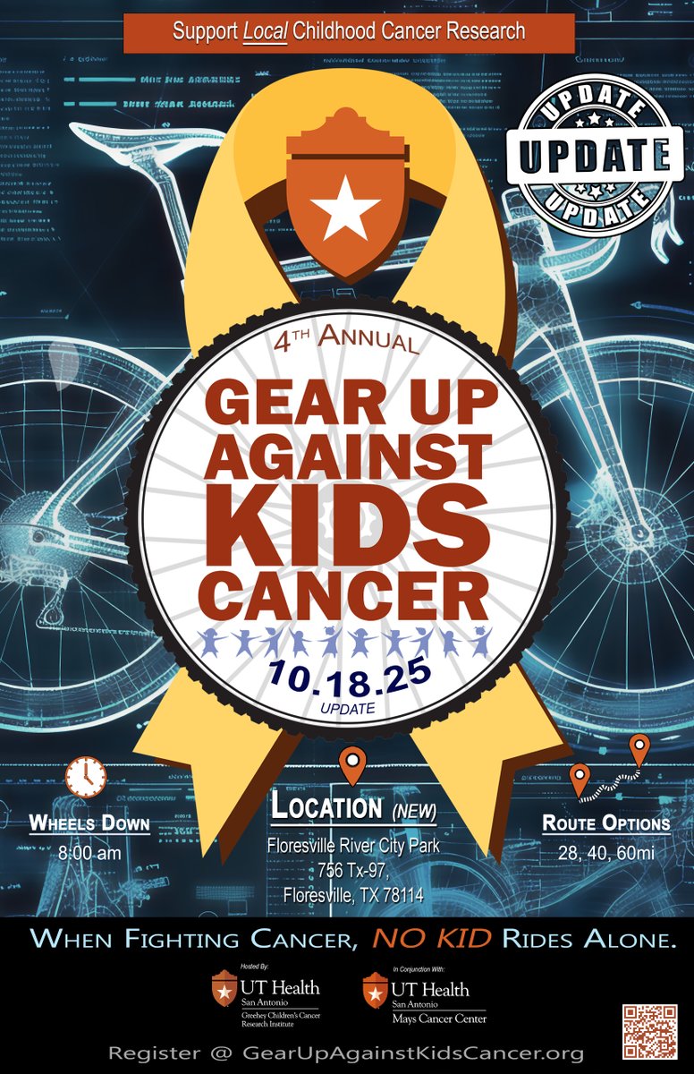 UTHealthGCCRI's tweet image. REMINDER: The 4th Annual Gear Up Against Kids Cancer has been rescheduled for Saturday, October 18, 2025, at a new location: Floresville City Park (756 TX-97, Floresville, TX 78114), - mailchi.mp/uthscsa/gear-u…

#Kids 
#Cancer
 #Cure 
#Research 
#Hope 
#NoKidRidesAlone