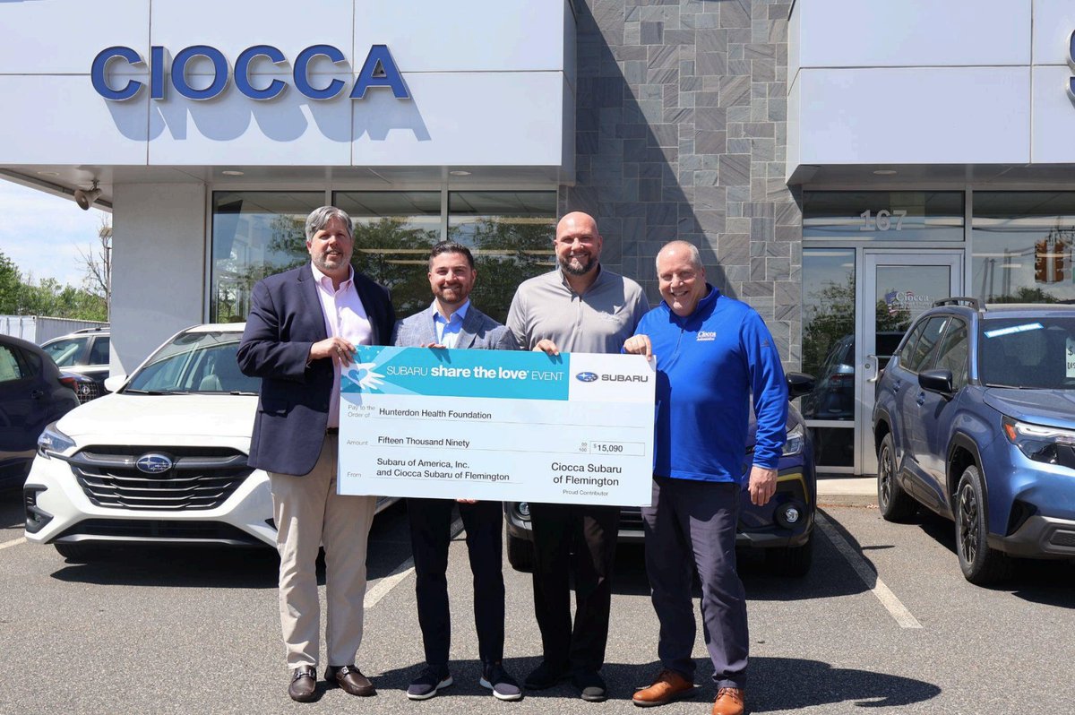 Ciocca Subaru of Flemington recently donated $15,090 to the Hunterdon Health Foundation through the Subaru Share the Love® Event. These funds support the Patient Transportation Fund—ensuring that patients can get to critical medical appointments. #ShareTheLove #cioccaonsocial