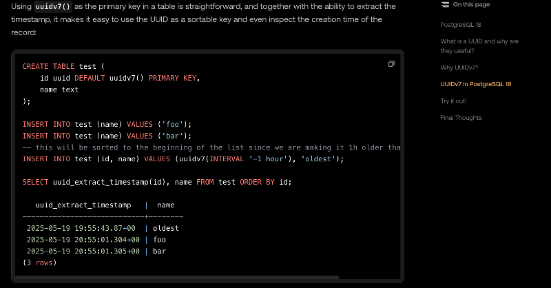 gwenshap's tweet photo. 🚨 New blog alert:
Postgres 18 beta 1 was released last week, and includes native support for UUIDv7. 
Great opportunity to explain why UUIDv7 is a great fit for your database keys, and show you how to use them in PG18.