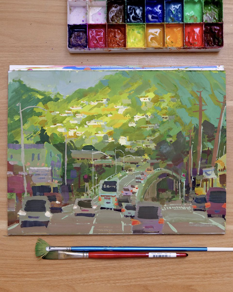 My favorite scene in Hawaii. Homes climbing up the slopes like little stories stacked on top of each other. A bridge connecting roads. Local shops where people come and go, living their life. 
#gouache #ohau