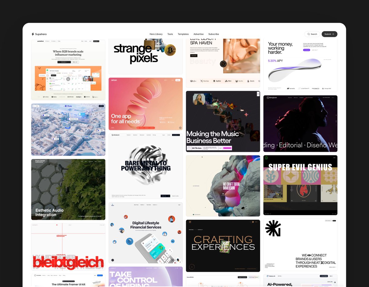 soltwagner's tweet image. Best Resources for Designers by Section 👨💻
- Supahero.io → Hero sections
- Navbar.gallery → Navbars
- Bentogrids.com → Bento grids
- H1gallery.com → Headlines
- CTA.gallery → CTA sections
- Footer.design →…