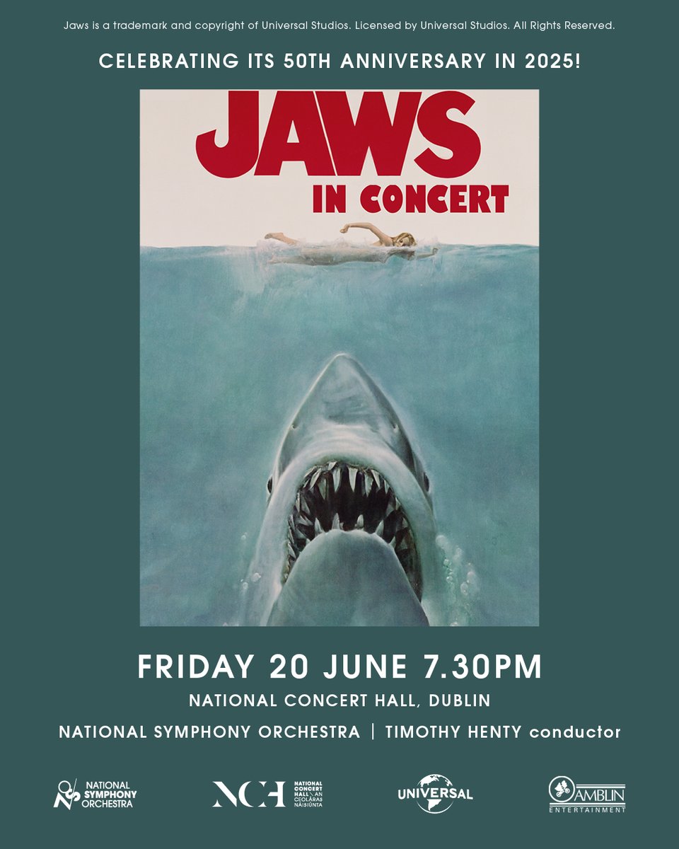 National Symphony Orchestra (@nsorchestrairl) on Twitter photo DUN DUN... DUN DUN...
Experience JAWS' iconic score LIVE! The NSO performs John Williams' Academy Award®-winning music in sync with the complete film.
50th anniversary | Timothy Henty conducting
📅 June 20, 7:30pm
📍 <a href="/NCH_Music/">National Concert Hall</a>
🎟️ bit.ly/JAWSNSO25 DUN DUN... DUN DUN...
Experience JAWS' iconic score LIVE! The NSO performs John Williams' Academy Award®-winning music in sync with the complete film.
50th anniversary | Timothy Henty conducting
📅 June 20, 7:30pm
📍 <a href="/NCH_Music/">National Concert Hall</a>
🎟️ bit.ly/JAWSNSO25