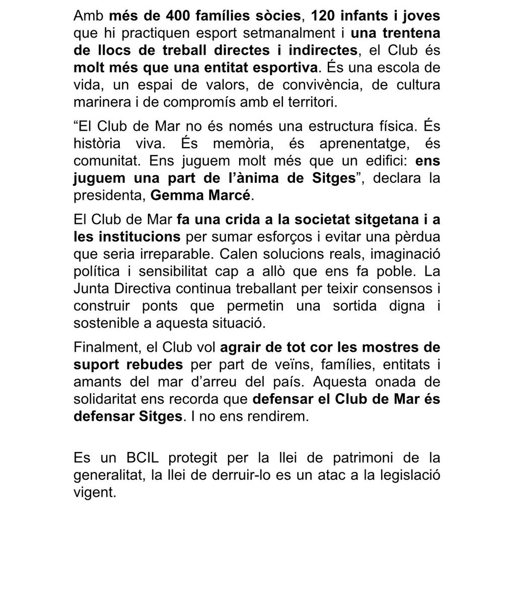 Davant el comunicat d'enderroc imminent, el Club de Mar de #Sitges fa una crida a la societat sitgetana i a les institucions a sumar esforços per a evitar la pèrdua irreparable d'un patrimoni que és, també, un símbol del municipi.