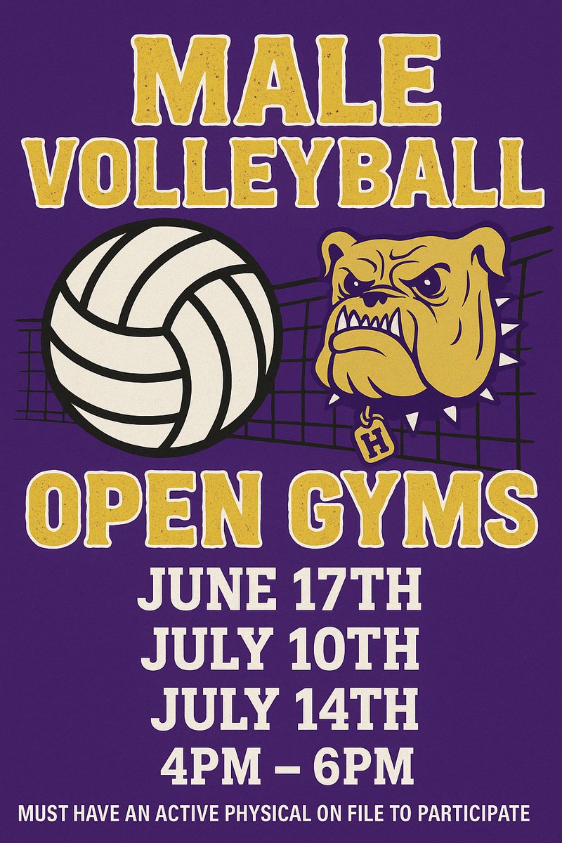 🏐 MALE VOLLEYBALL SUMMER SCHEDULE 🐾

Open gyms are right around the corner 

📅 OPEN GYM DATES
➡️ June 17th
➡️ July 10th
➡️ July 14th
🕓 4PM–6PM

📍All sessions at Male High School Gym
📌 Must have an active physical on file to participate — no exceptions!

Be there💪💜💛