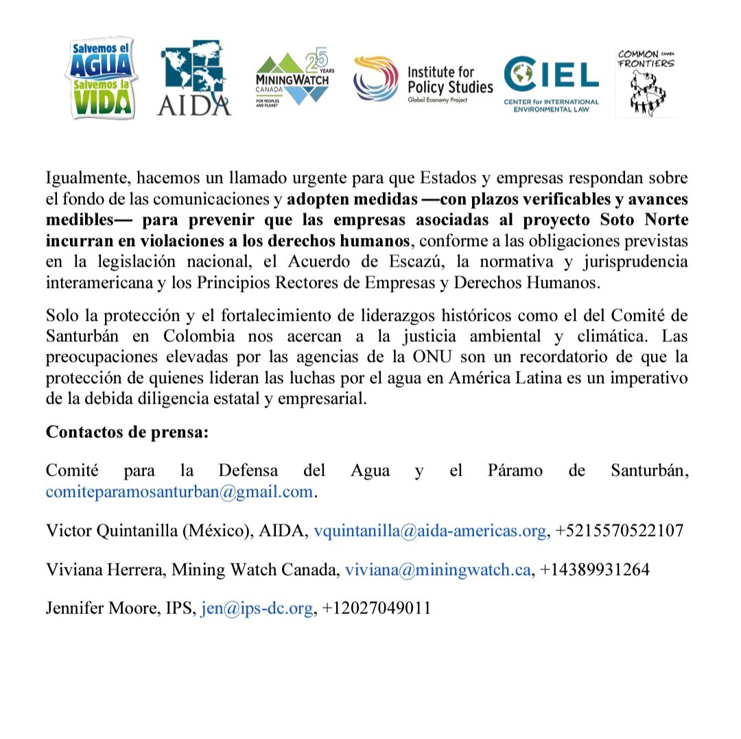 #Atención Relatores de la <a href="/ONU_es/">Naciones Unidas</a> exigen parar amenazas y estigmatización contra integrantes del <a href="/ComiteSanturban/">Comité Santurbán</a>.

 La solicitud fue enviada a las mineras <a href="/ArisMining/">Aris Mining</a> @proyectosotonorte,  EAU, Canadá y al Gobierno de <a href="/petrogustavo/">Gustavo Petro</a>.

Leer cartas aquí 👇
srdefenders.org/colombia-actos…