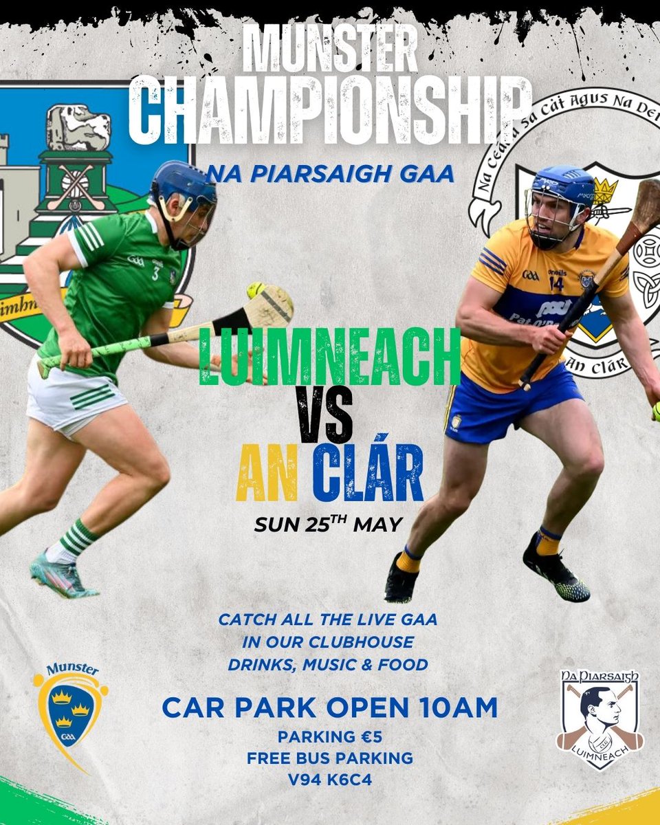📢 Join us in Na Piarsaigh on Sunday for all the <a href="/MunsterGAA/">Munster GAA / Comhairle na Mumhan</a>
Championship action &amp; your pre &amp; post match refreshments. 15 mins walk to the Gaelic Grounds. 

Car parking €5
Buses are free. 

#munsterchampionship #gaa
<a href="/LimerickCLG/">Limerick GAA</a> <a href="/GaaClare/">Clare Gaa</a>
