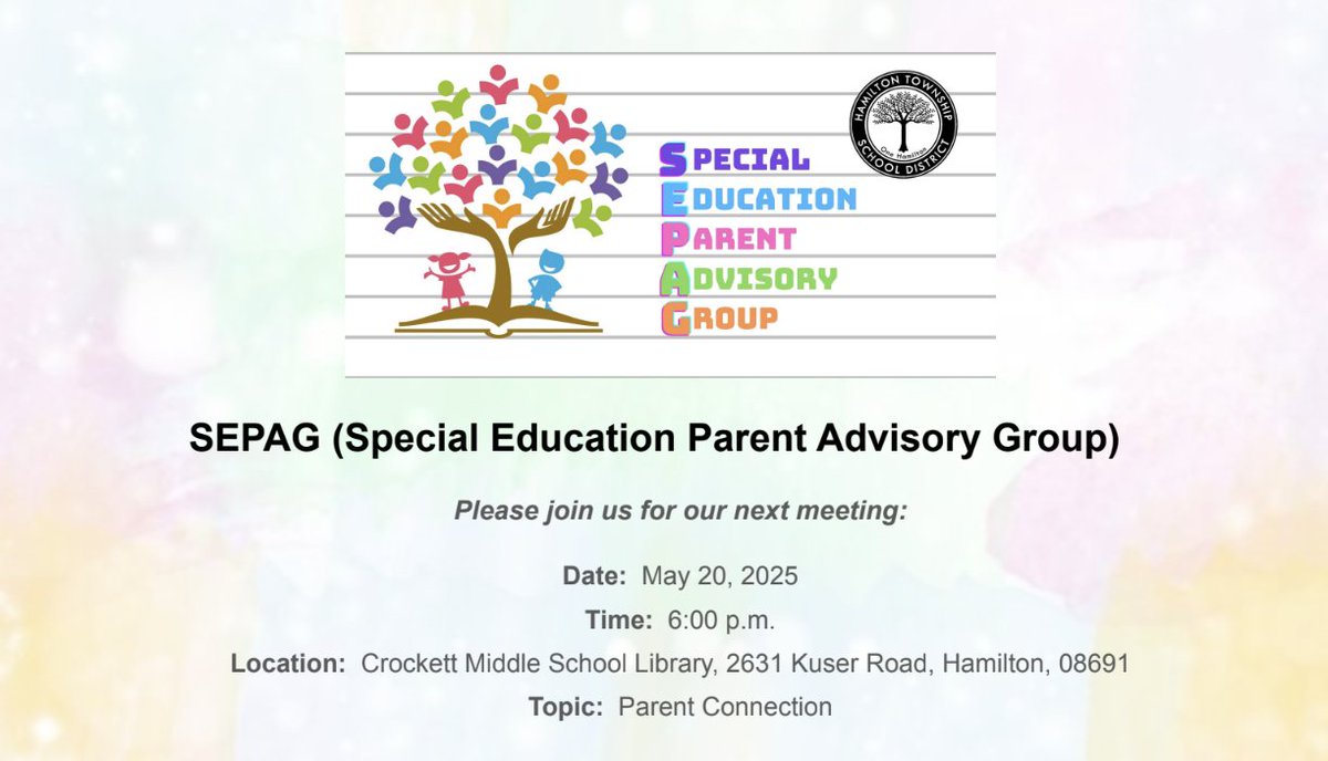 WeAreHTSD (@wearehtsd) on Twitter photo 📣 TODAY in Hamilton
SEPAG Meeting - Topic: Parent Connection
🗓 Tuesday, May 20, 2025
🏡 <a href="/HTSD_Crockett/">Crockett Middle School</a> Library
🕰 6:00pm - 7:30pm
#HTSD #HTSDpride
<a href="/ScottRRocco/">Scott Rocco, Ed.D.</a> <a href="/HTSDSecondary/">Jim Altobello Ed.D.</a> <a href="/HTSDCurriculum/">Hamilton Twp. C&I</a> <a href="/HamiltonTwpNJ/">Hamilton Township NJ</a> <a href="/LauraGeltch/">Laura Geltch</a> 📣 TODAY in Hamilton
SEPAG Meeting - Topic: Parent Connection
🗓 Tuesday, May 20, 2025
🏡 <a href="/HTSD_Crockett/">Crockett Middle School</a> Library
🕰 6:00pm - 7:30pm
#HTSD #HTSDpride
<a href="/ScottRRocco/">Scott Rocco, Ed.D.</a> <a href="/HTSDSecondary/">Jim Altobello Ed.D.</a> <a href="/HTSDCurriculum/">Hamilton Twp. C&I</a> <a href="/HamiltonTwpNJ/">Hamilton Township NJ</a> <a href="/LauraGeltch/">Laura Geltch</a>