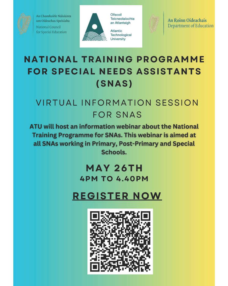 ncseirl's tweet image. Virtual Information Session for Special Needs Assistants (SNAs)/ Seisiún Fíorúil Eolais do Chúntóirí Riachtanas Speisialta
Register here/ Cláraigh Anseo:
orlo.uk/Yj1zO